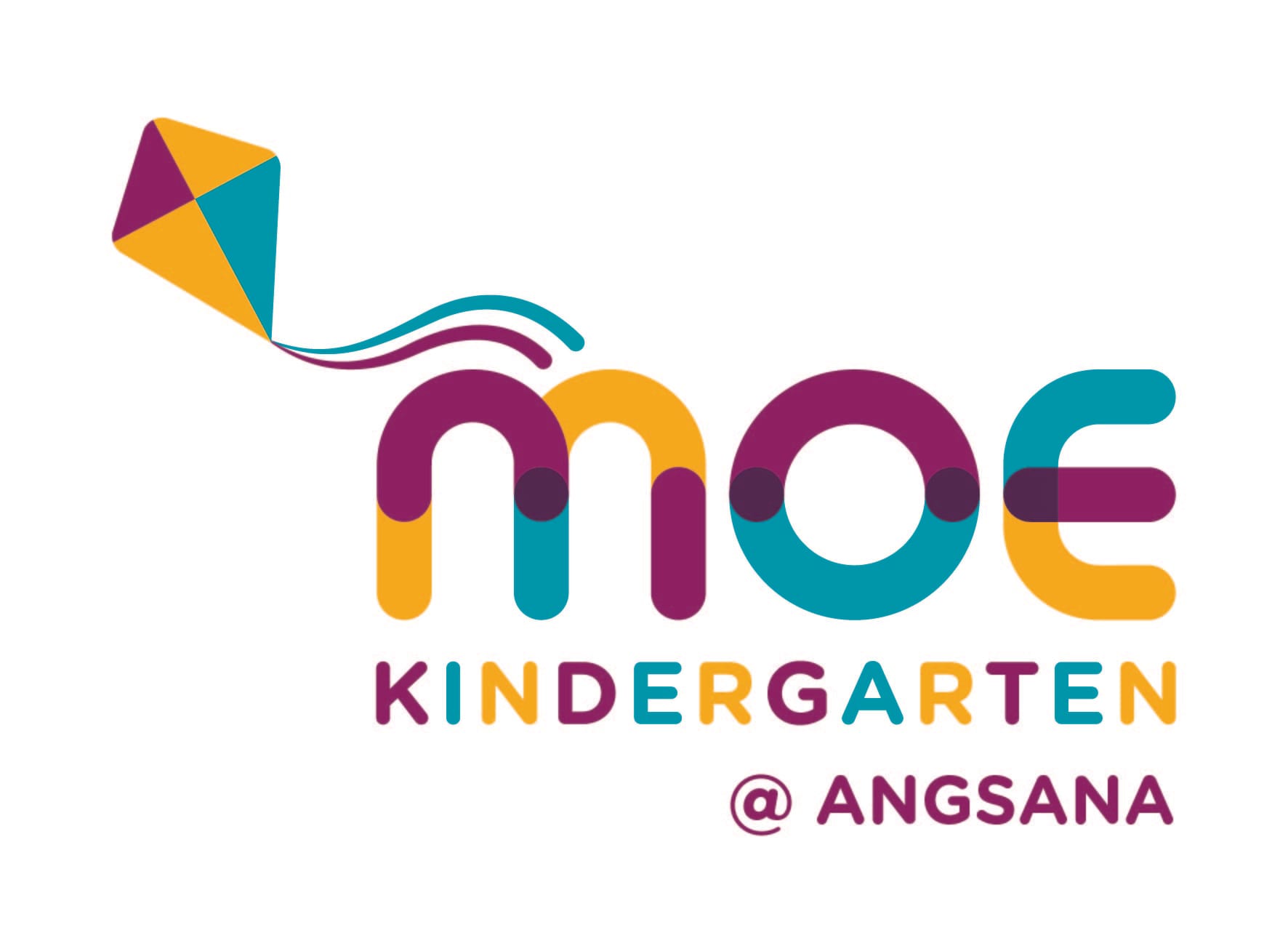 Colorful MOE Kindergarten at Angsana wordmark with a kite in purple, orange, and teal above the purple, orange, and teal letters.